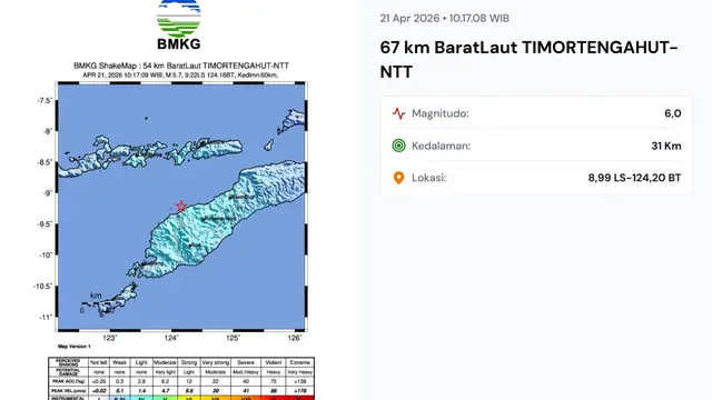Gempa hari ini, Selasa (21/4/2026) pukul 10:17:08 WIB terjadi di Timor Tengah Utara, Provinsi Nusa Tenggara Timur (NTT).