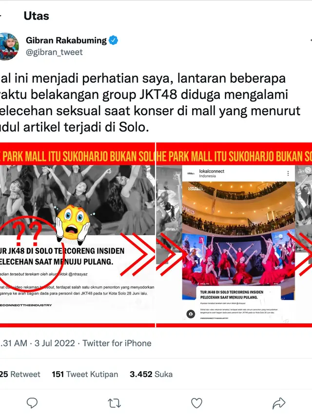 Cuitan Gibran Rakabuming Raka soal dugaan pelecehan seksual yang menimpa member JKT48. (Foto: Dok. Twitter @gibran_tweet)