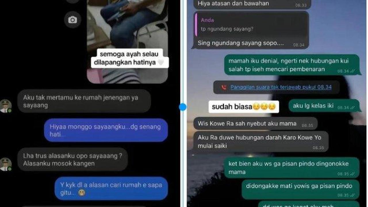 Bukti chat perselingkuhan antara oknum camat dengan ibu dari Tiara (kiri). Bukti chat Tiara dengan ibunya (kanan). (Liputan6.com/Tiktok/@fairybengbeng)
