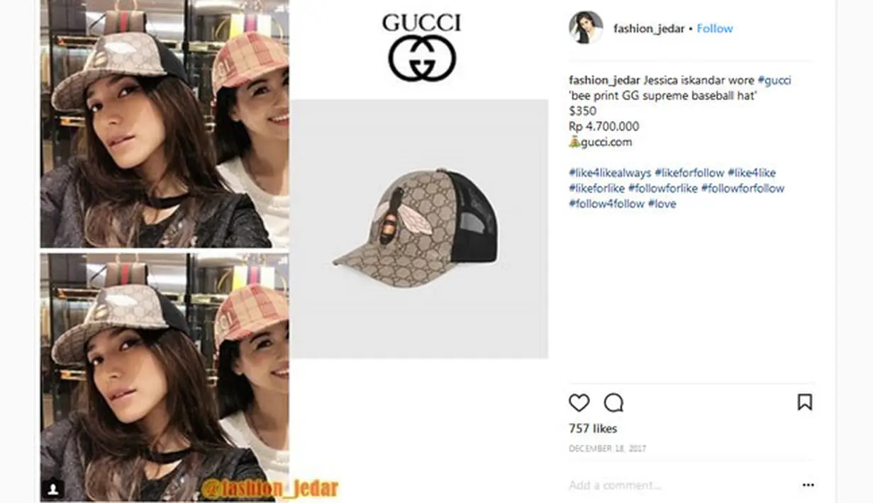 Untuk aksesorisnya, di kesehariannya Jedar pun juga hobi memakai topi. Koleksi topi yang keluaran Gucci ini bernilai mencapai Rp. 4.700.000. (Instagram/fashion_jedar)