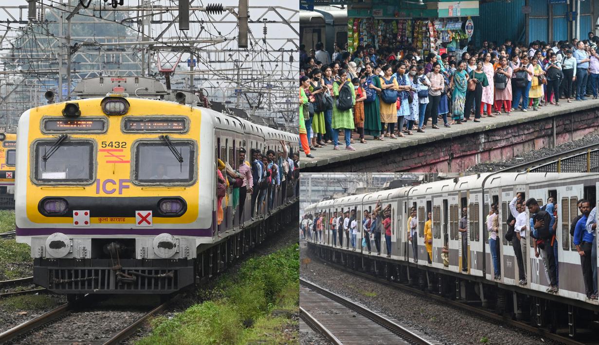Foto kolase memperlihatkan kondisi transportasi kereta di Mumbai, India, Kamis (8/9/2022). Transportasi rel umumnya digunakan untuk transportasi jarak jauh di India. (Indranil MUKHERJEE/AFP)