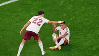 Pemain Spanyol Pedro Porro merayakan gol bersama Pau Cubarsi (22) dalam laga semifinal Piala Dunia 2026 antara Prancis vs Spanyol di Arlington, Texas, dekat Dallas, Selasa, 14 Juli 2026. (AP Photo/David J. Phillip)