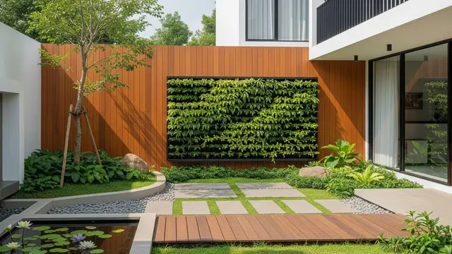 Kebun Rumah dengan Tanaman dan Kayu yang Bikin Suasana Sejuk