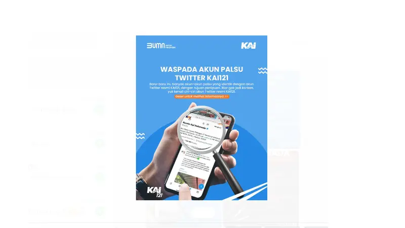Tangkapan layar imbauan KAI terhadap akun media sosial palsu yang mengatasnamakan Contact Center KAI di platform Twitter