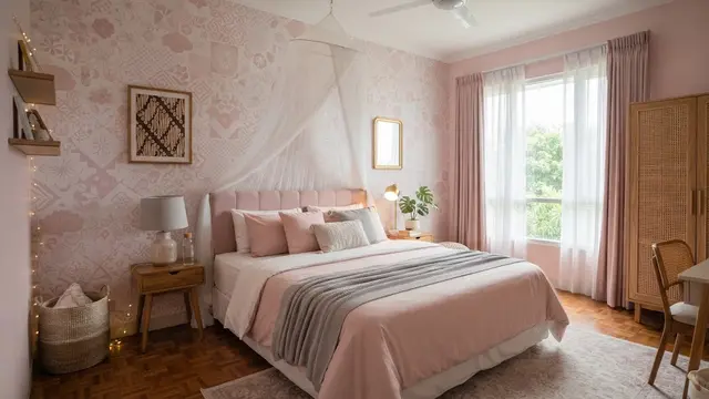 Ide desain kamar tidur berwarna pink yang bikin tidur nyenyak dengan suasana menenangkan model penggunaan motif pink