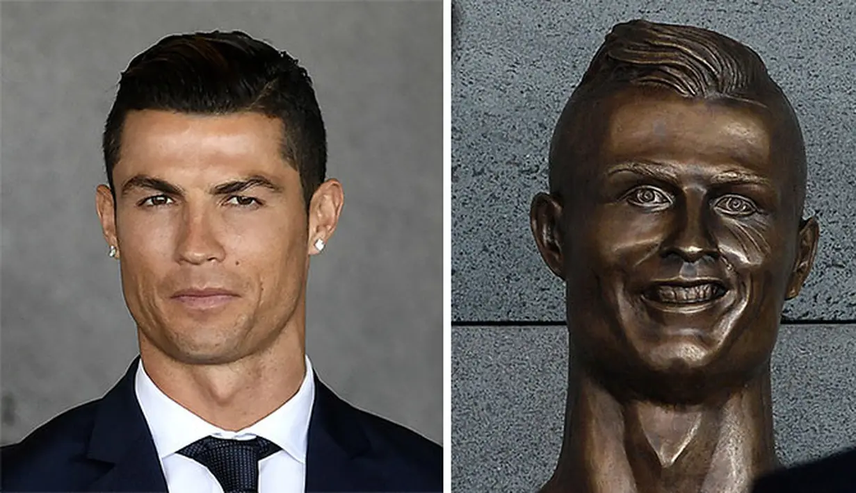 Kolase foto Cristiano Ronaldo dan patung dirinya karya Emanuel Santos saat pergantian nama Bandara Internasional Madeira menjadi Bandara Cristiano Ronaldo. (sumber : Borepanda.com)