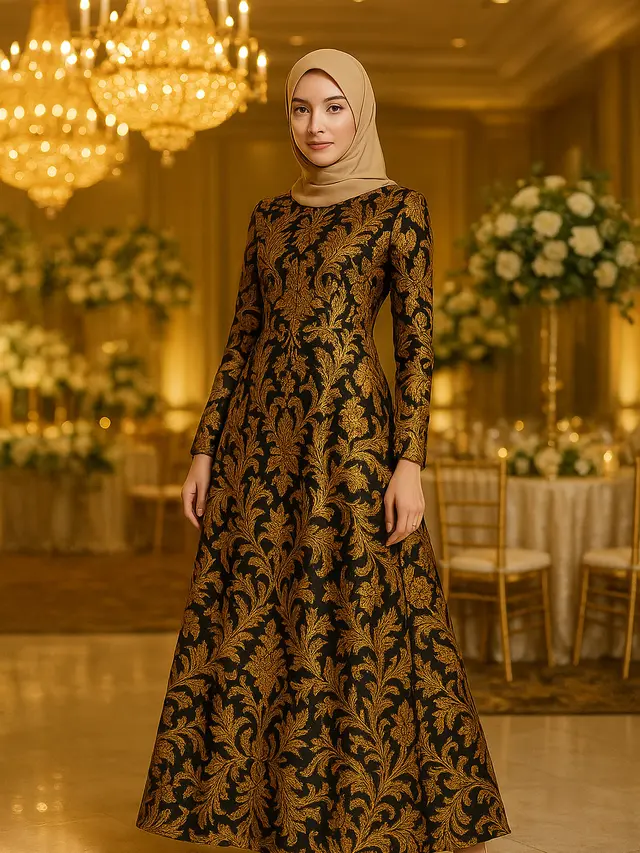 Desain Baju Gamis dan Tunik Batik Emas untuk Kondangan Glamor