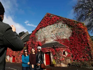Wisatawan berpose di dekat Blair Athol Distillery, Skotlandia, Selasa (18/10). Blair Athol Distillery adalah kawasan objek wisata dengan bangunan unik karena ditumbuhi tumbuhan merambat berwarna merah.( REUTERS / Russell Cheyne)