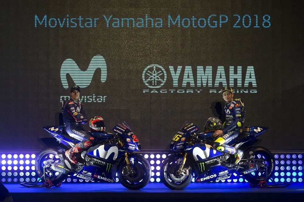 Pabrikan Jepang, Yamaha, memperkenalkan motor YZR-M1 untuk MotoGP 2018 di Matadero Madrid, Spanyol, Rabu (24/1/2018). (AP Photo/Paul White)