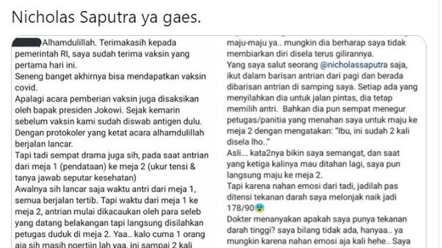 Thread Nicholas Saputra soal antre vaksin yang viral di Twitter (https://twitter.com/Teh__L/status/1384107990148550659)
