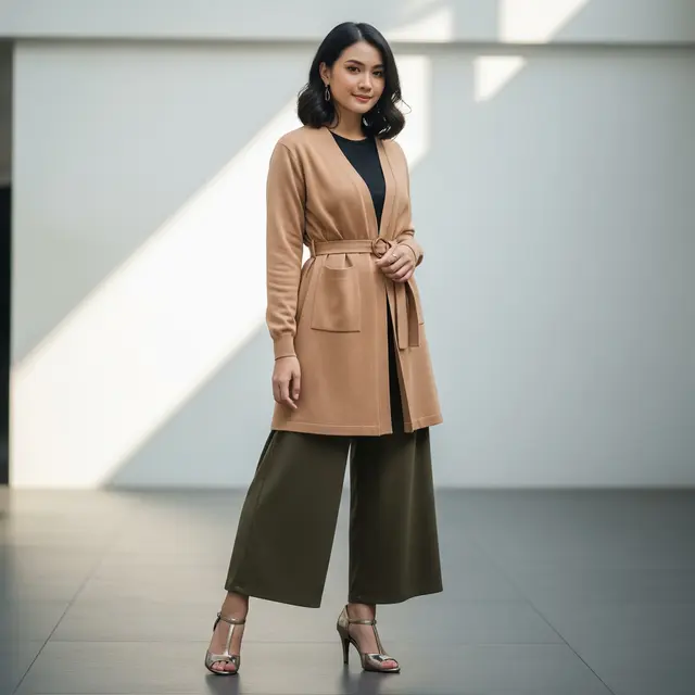 Model Outerwear Kardigan dengan Inner dan Celana Palazzo