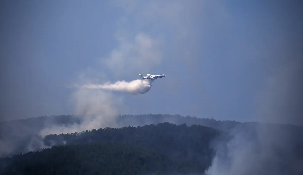 Sebuah pesawat berpartisipasi dalam operasi pemadaman kebakaran hutan di Koycegiz, Mugla, Turki, Senin (9/8/2021). Kebakaran hutan di Turki telah menewaskan delapan orang serta hewan yang tidak terhitung jumlanya. (AP Photo/Emre Tazegul)