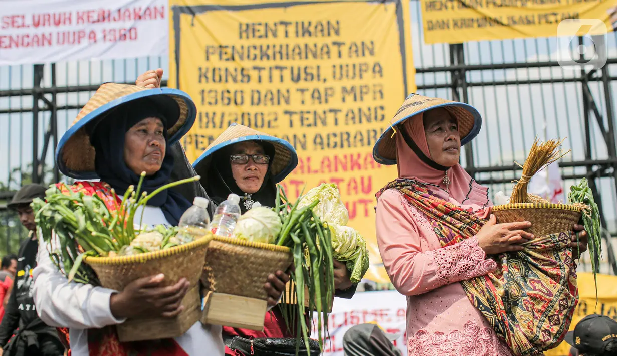 Sejumlah elemen masyarakat yang tergabung dalam buruh dan petani menggelar aksi di depan Gedung DPR, Jakarta, Selasa (27/9/2022). Aksi tersebut digelar tepat di momentum peringatan Hari Tani Nasional (HTN) 2022, 27 September. (Liputan6.com/Faizal Fanani)