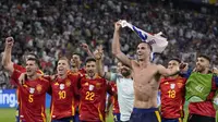 Ekspresi kegembiraan para pemain Spanyol usai mengalahkan Prancis dan lolos ke final Euro 2024. (AP Photo/Matthias Schrader)