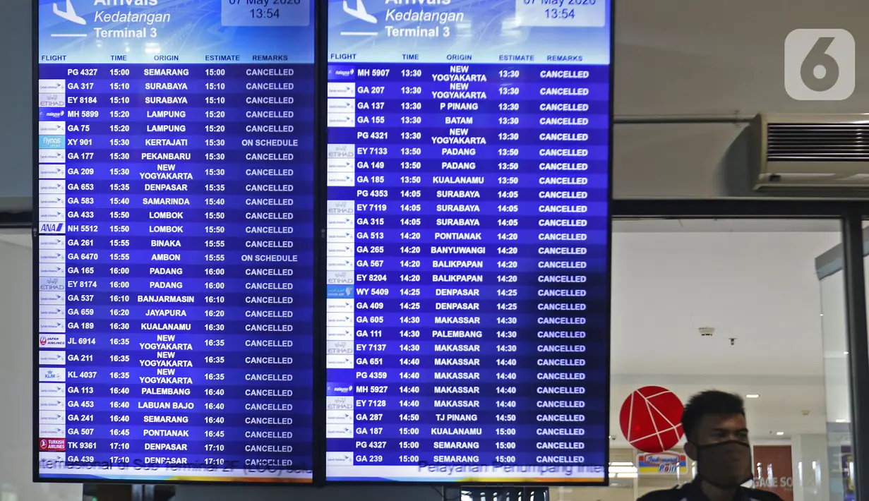 Papan informasi penerbangan di Terminal 3 Bandara Soekarno Hatta, Tangerang, Banten, Kamis (7/5/2020). Pemerintah membuka kembali penerbangan domestik dengan penumpang bersyarat dengan wajib menyertakan surat keterangan Negatif COVID-19 dari rumah sakit. (Liputan6.com/Herman Zakharia)