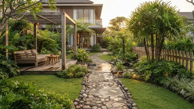 Inspirasi Taman dengan Unsur Kayu dan Batu Kali