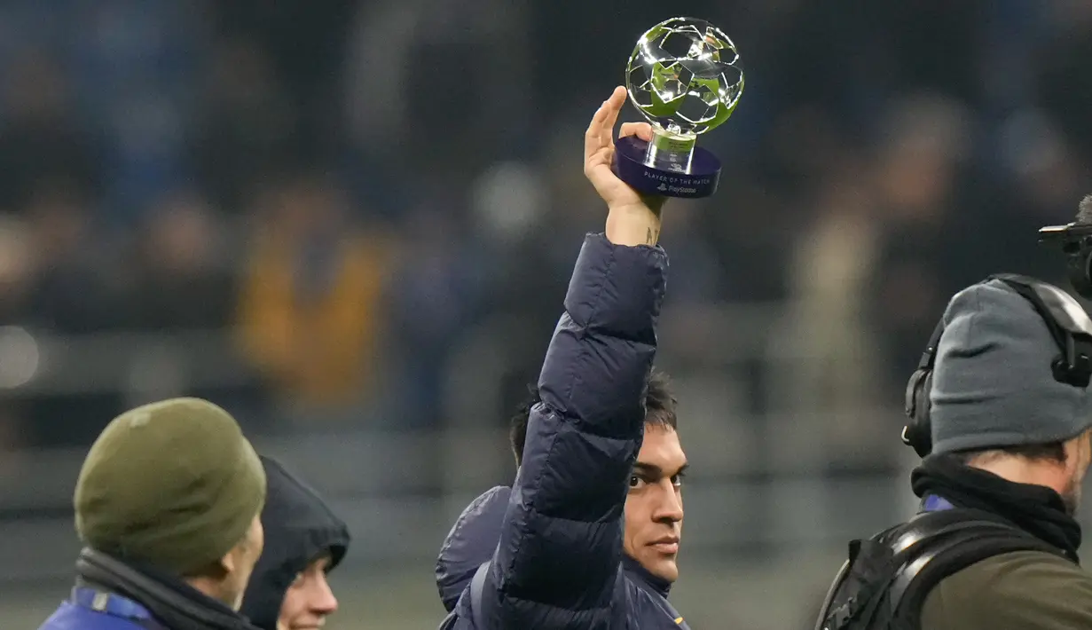Dengan hasil ini, Inter menduduki posisi empat klasemen Liga Champions dengan 19 poin dan melaju ke babak 16 besar. Monaco, di sisi lain, finis di posisi 17 dan akan berlaga di babak playoff. (AP Photo/Luca Bruno)