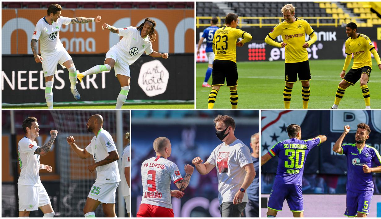 Berikut ini ragam selebrasi jaga jarak yang diterapkan pemain-pemain Bundesliga.