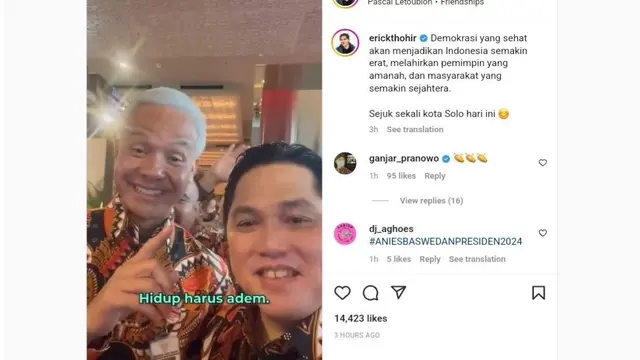 Tangkapan layar instagram Menteri BUMN Erick Thohir di @erickthohir pada Senin (21/11/2022).
