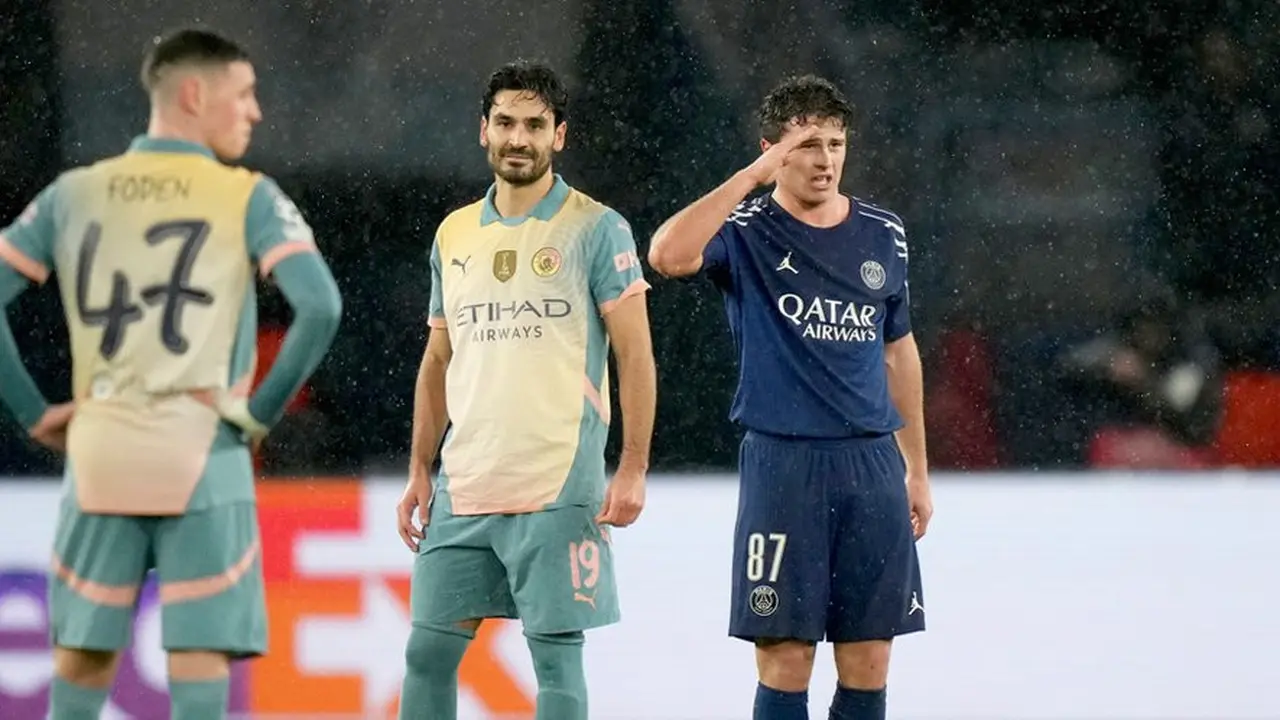 Selebrasi Joao Neves dalam laga Liga Champions antara PSG vs Manchester City, Kamis (23/1/2025). (c) AP Photo/Thibault Camus