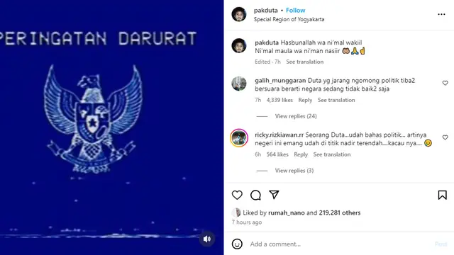 Heboh Duta Sheila on 7 unggah Peringatan Darurat Garuda Biru (https://www.instagram.com/p/C-9Bu_RSrDK/)