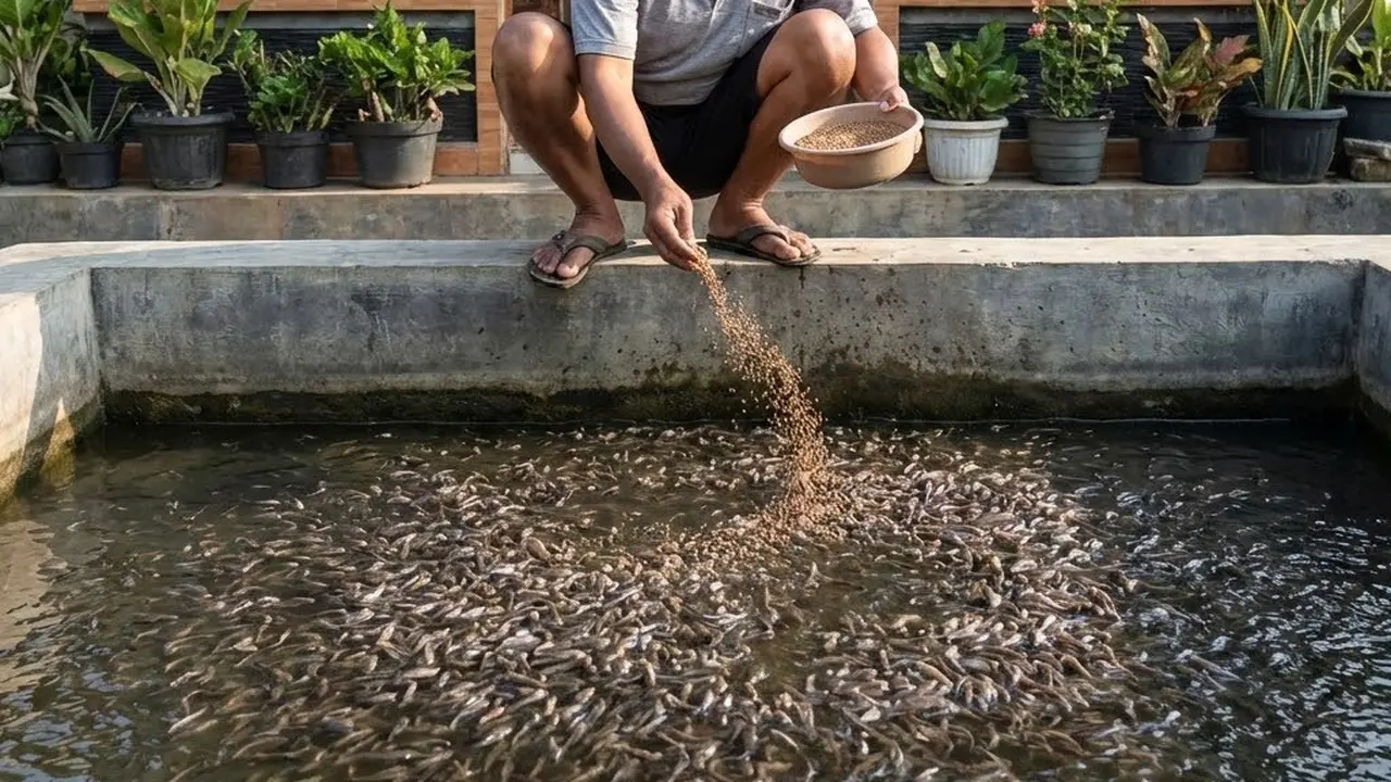 Memberi pakan benih ikan lele usia 20 hari (Gemini AI)