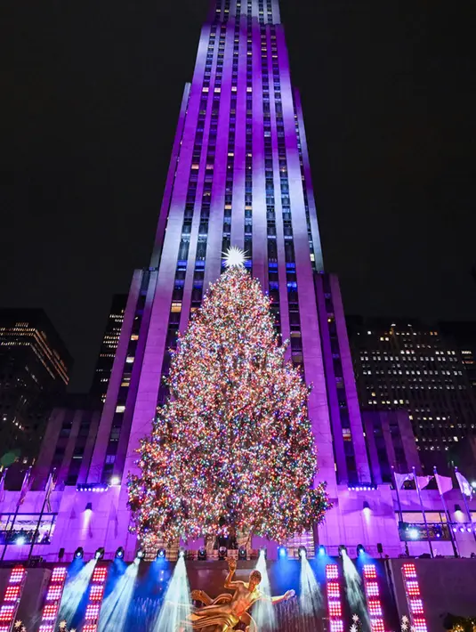 <p>Di atasnya, bintang Swarovski 3D yang dilapisi 30 juta kristal berkelap-kelip di malam hari saat acara spesial Natal hampir berakhir. (Diane Bondareff/AP Images for Tishman Speyer)</p>