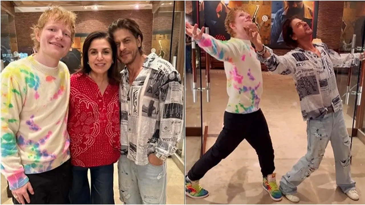 6 Potret Pertemuan Shah Rukh Khan dan Ed Sheeran, Ajari Tarian Khasnya