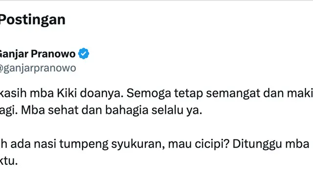 Cuitan Ganjar Pranowo merespons ucapan selamat ulang tahun dari Kiky Saputri. (Foto: Dok. Twitter @ganjarpranowo)