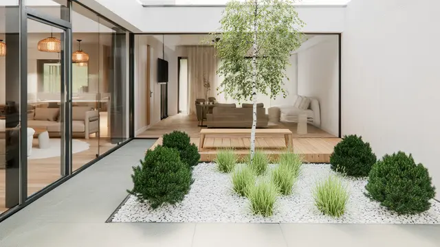 Contoh Rumah 1 Lantai Konsep Taman Terbuka di Tengah Ruangan (AI)