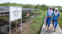 Pelajar berwisata di kawasan hutan mangrove Karangsong, Indramayu, Jawa Barat, Jumat (15/1). Kawasan tersebut merupakan Mangrove Center di Jawa Barat yang memiliki lebih dari 15.000 pohon bakau yang ditanam sejak 2010. (Liputan6.com/Helmi Afandi)