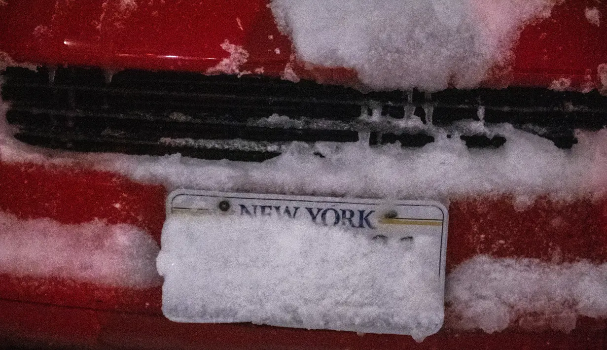 Plat nomor mobil tertutup salju saat terjadi badai salju di bagian Ridgewood di wilayah Queens, New York pada Sabtu (29/1/2022). Orang-orang dari New York City hingga Maine terbangun karena salju tebal dan angin kencang saat badai Nor'easter yang kuat melanda. (AP Photo/Brittainy Newman)