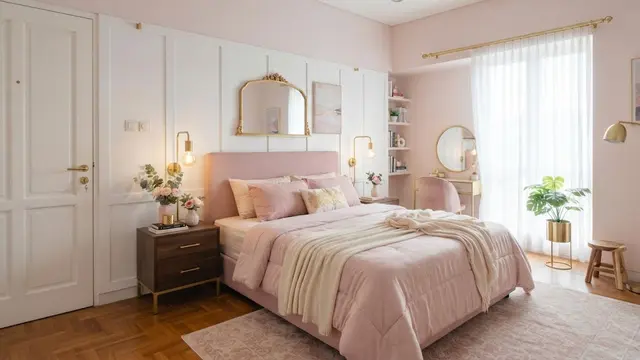 Ide desain kamar tidur berwarna pink yang bikin tidur nyenyak dengan suasana menenangkan model dipadukan dengan warna emas