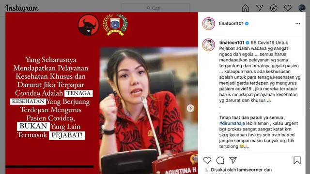 Unggahan Tina Toon. (Foto: Instagram @tinatoon101)