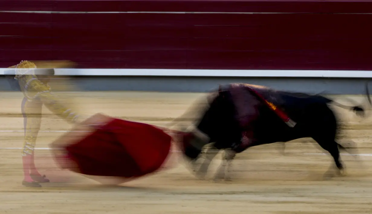 Dalam foto yang diambil dengan kecepatan rana lambat ini, matador Emilio de Justo saat adu banteng di arena adu banteng Las Ventas, Madrid, Spanyol, Minggu (4/7/2021). Adu banteng ini berlangsung di tengah pandemi virus corona COVID-19. (AP Photo/Manu Fernandez)