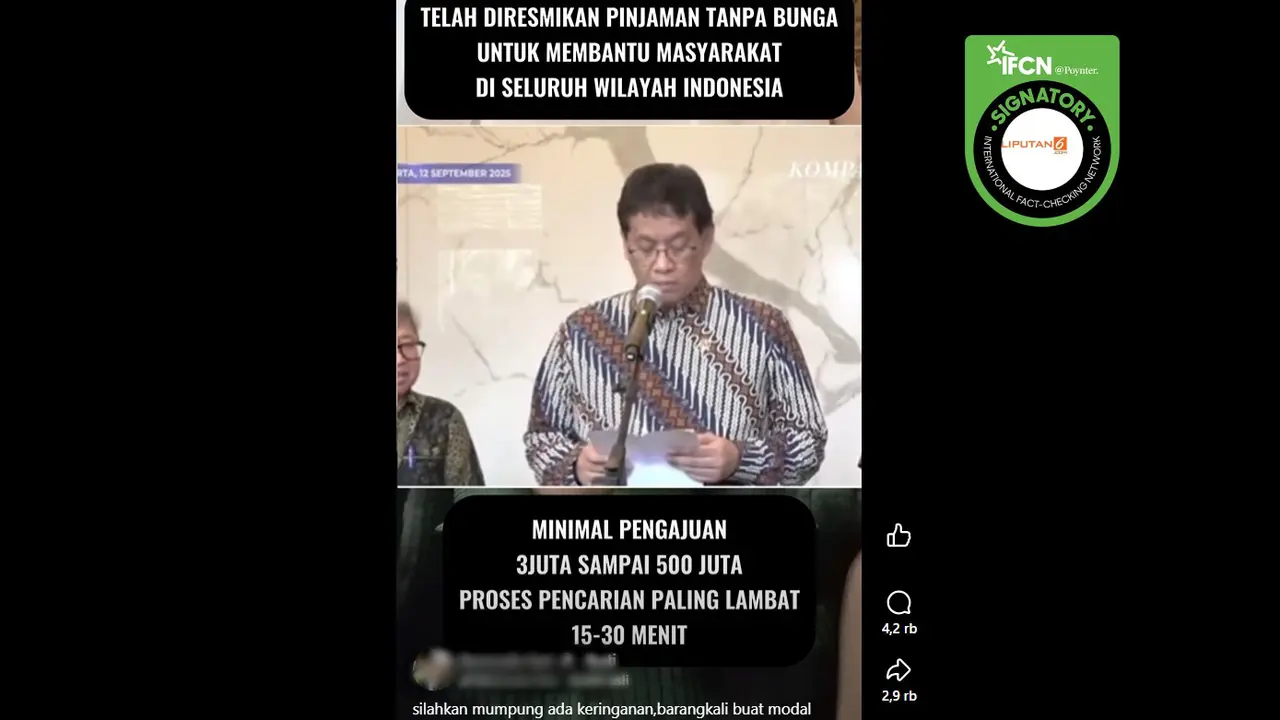 Tangkapan layar klaim video Menkeu Purbaya Yudhi Sadewa meresmikan pinjaman tanpa bunga yang beredar di Facebook.