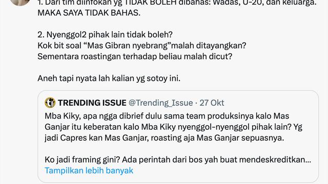 Cuitan Kiky Saputri soal me-roasting Ganjar Pranowo. (Foto: Dok. Twitter @kikysaputrii)