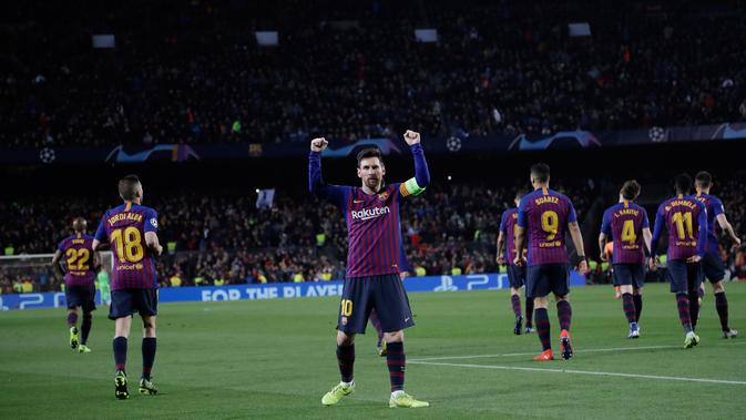 Megabintang Barcelona, Lionel Messi berselebrasi setelah mencetak gol. (AP/ Emilio Morenatti)
