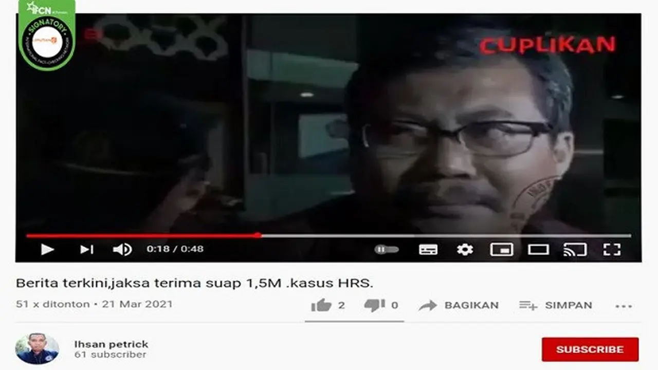 Gambar Tangkapan Layar Kabar tentang Jaksa Terima Suap Kasus Rizieq Shihab (sumber: YouTube)