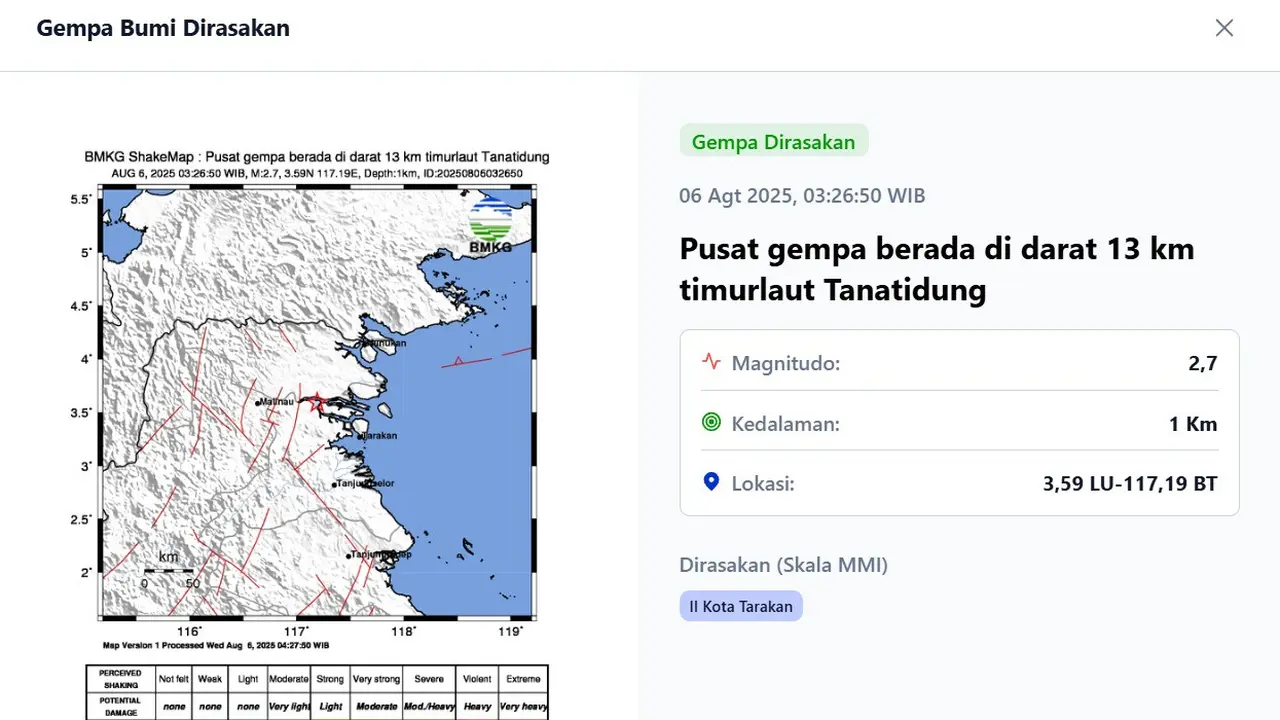 Gempa hari ini, Rabu (6/8/2025) terjadi pukul 03:26:50 WIB di wilayah Tana Tidung, Provinsi Kalimantan Utara (Kaltara).