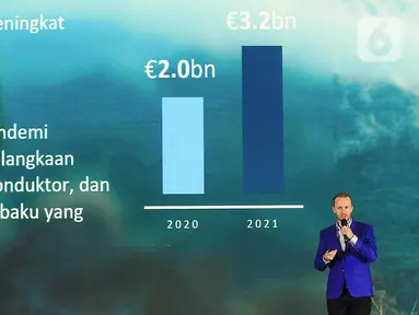 Managing Director Bosch di Indonesia Pirmin Riegger saat Annual Press Conference 2022 Bosch Indonesia di Jakarta (16/6/2022). Pada tahun 2021 selama pandemi Covid-19, bisnis Bosch di Indonesia mencapai pertumbuhan penjualan yang signifikan, meningkat 23% menjadi Rp 1,55 triliun. (Liputan6.com/Fery Pradolo)