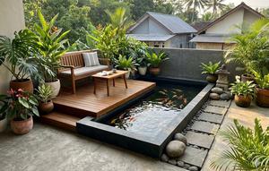 Kolam Ikan Mini dengan Dek Kayu Sederhana/ Contoh Kolam Ikan Mini di Teras Rumah Kampung yang Modern (Sumber: gemini.com)