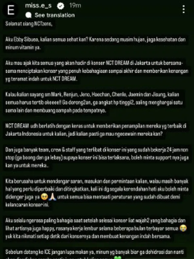 Postingan staff promotor dari konser 'The Dream Show 2' (Instagram/miss.e_s)