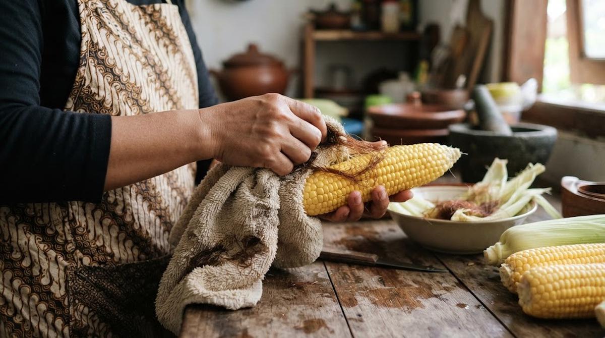 Menggosok Jagung dengan Lap Dapur Bertekstur Kasar