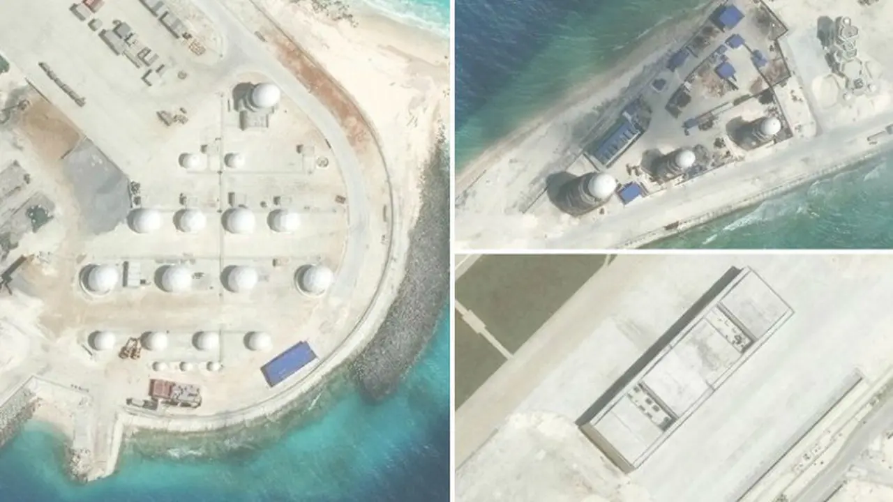 Sejumlah hanggar dan radar di Fiery Cross, Laut China Selatan