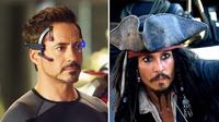 Robert Downey Jr. sebagai Tony Stark dari film Iron Man dan Johnny Depp sebagai Jack Sparrow dari film The Pirates of the Caribbean. (Kolase Foto: Marvel Studios / Disney)
