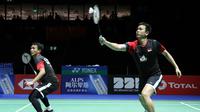 Aksi Mohammad Ahsan/Hendra Setiawan pada perempat final Kejuaraan Dunia Bulutangkis 2019 di Basel, Swiss, Sabtu (24/8/2019) dini hari WIB. (PBSI)