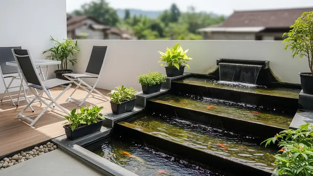 Teras Kampung Minimalis 3x4 dengan Kolam Ikan Bertingkat