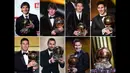Ballon d'Or 2021 juga membuat Lionel Messi berhasil menjadi orang pertama yang mampu memenangkan penghargaan tersebut dalam tiga dekade terpisah, yaitu pada tahun 2000-an, tahun 2010-an, dan tahun 2020-an. (AFP/Franck Fife, Fabrice Coffrini, Olivier Morin, Fred Ddufour)