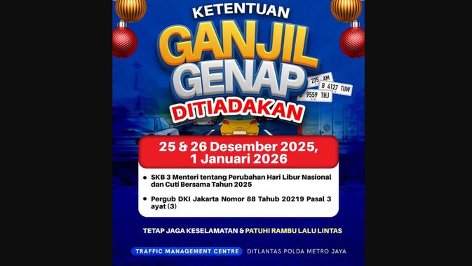 Ganjil Genap Jakarta Bebas Selama Libur Natal 25-26 Desember 2025